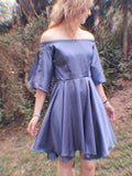 Blue off-shoulder dress - side view
