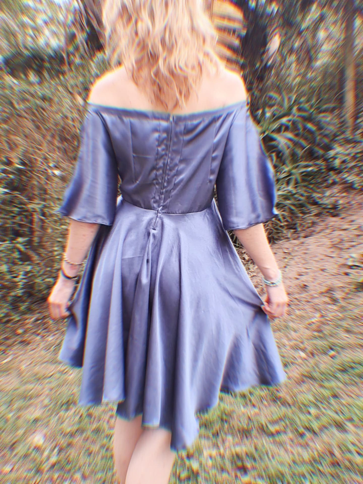 Blue off-shoulder dress - front view