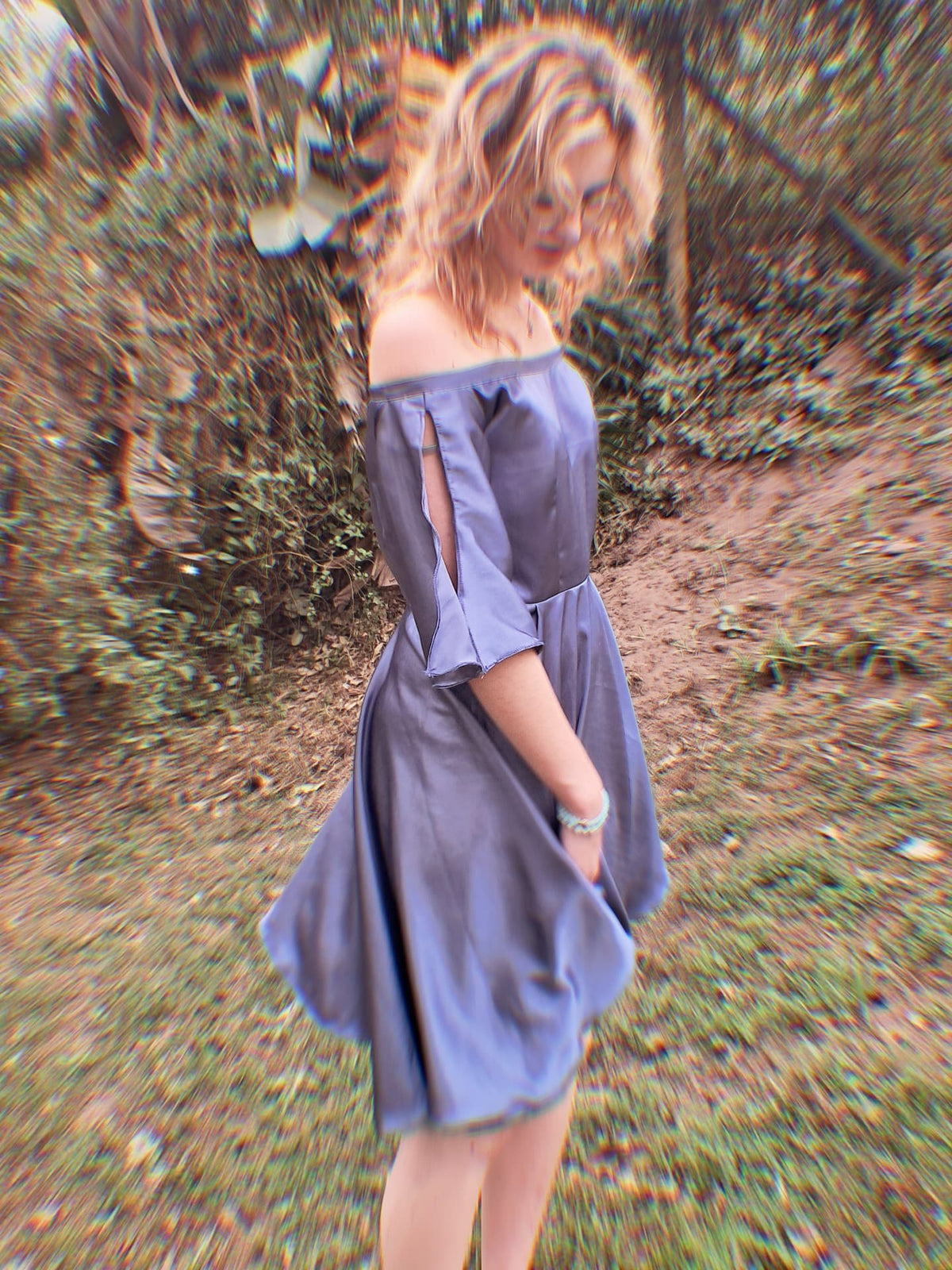 Blue off-shoulder dress - back view with lace-up detail